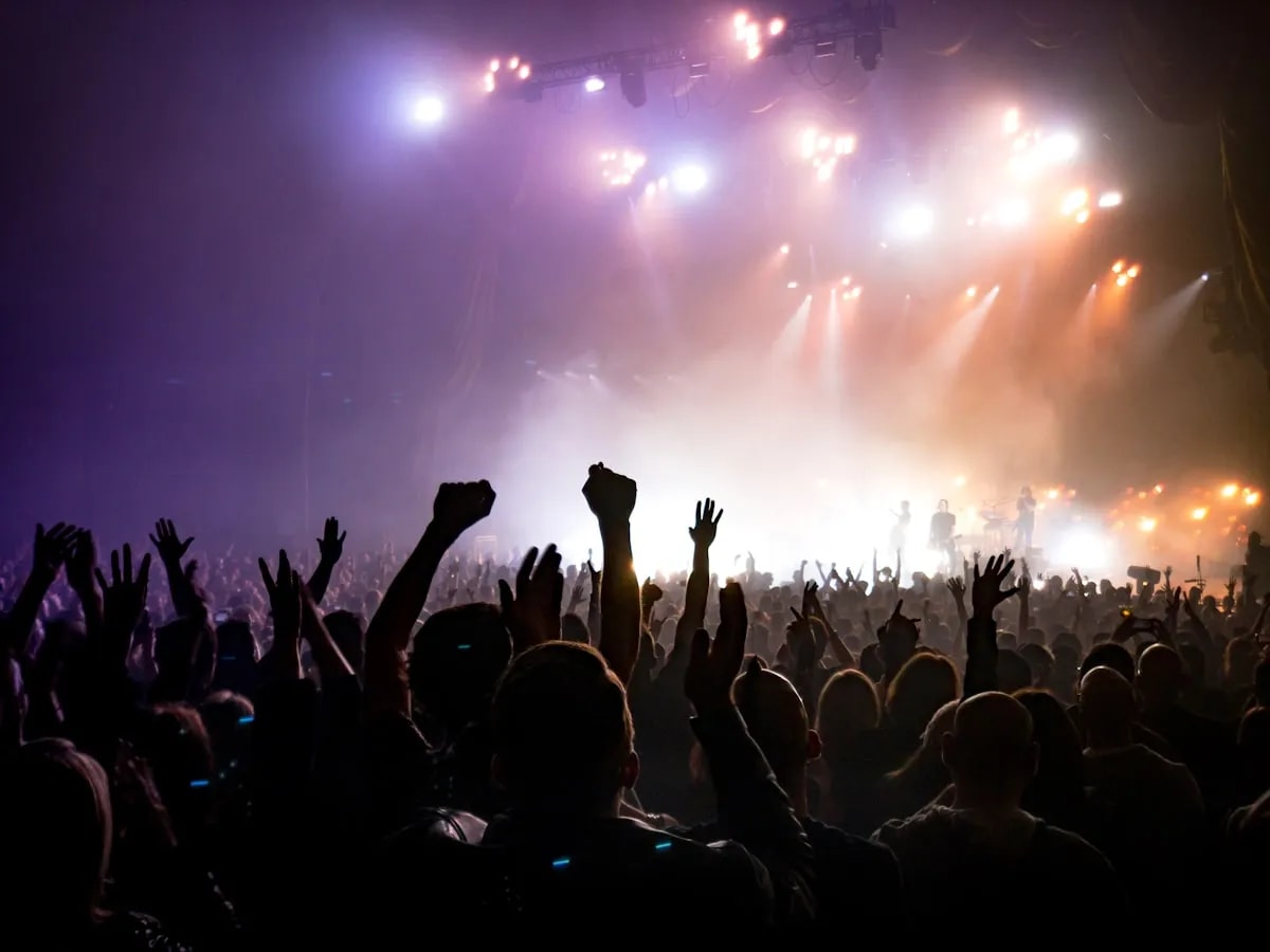 Live concert stage with vibrant lighting and crowd
